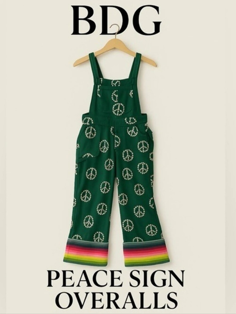 BDG Urban Outfitters Dark Green Floral Peace Sign Overalls Large
